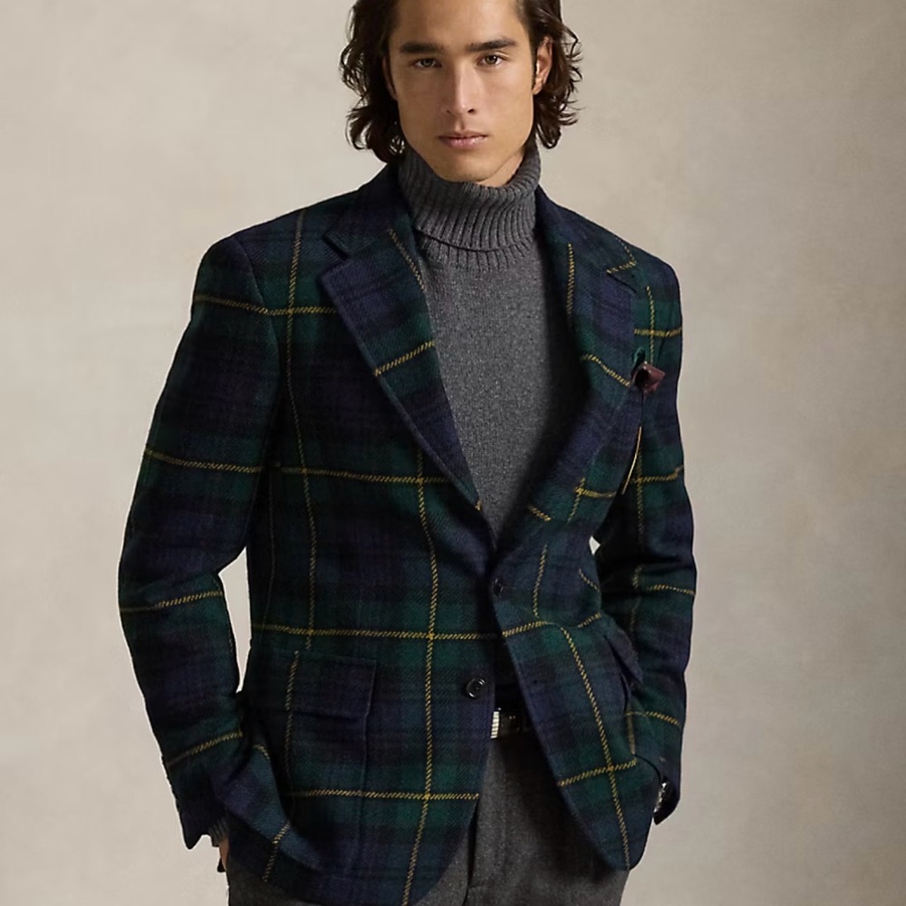 Polo by Ralph Lauren Green & Navy Plaid Sport Coat with Yellow Windowpane